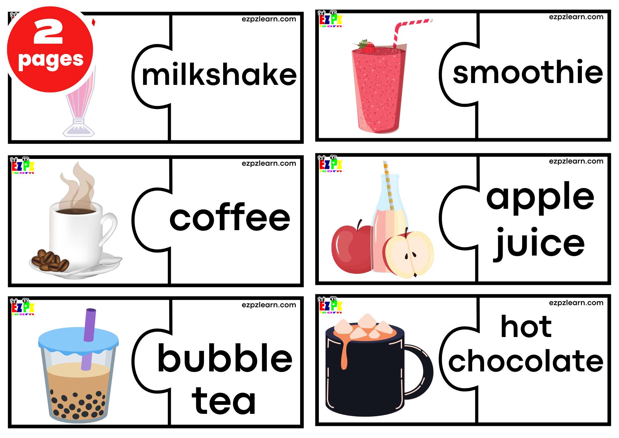 Drinks Puzzle Match Game. LARGE 6 Words per page. Free PDF Download